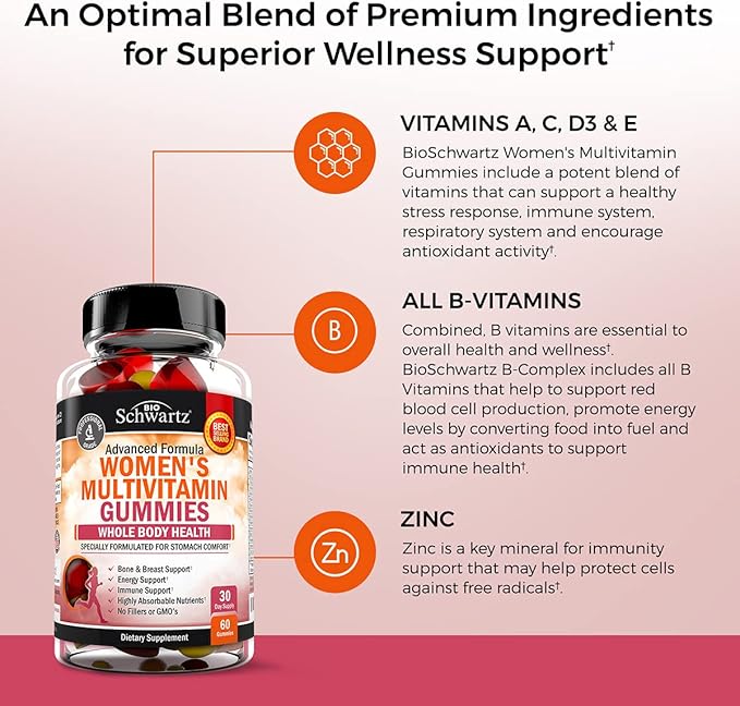 Women's Multivitamin Gummies with Vitamin A C B6 B12 D & E Vitamins for Immune Support - Gummy Multivitamin for Women for Bone Breast Skin Joint & Energy Dietary Supplement, Mixed Berry Flavor, 60 Ct