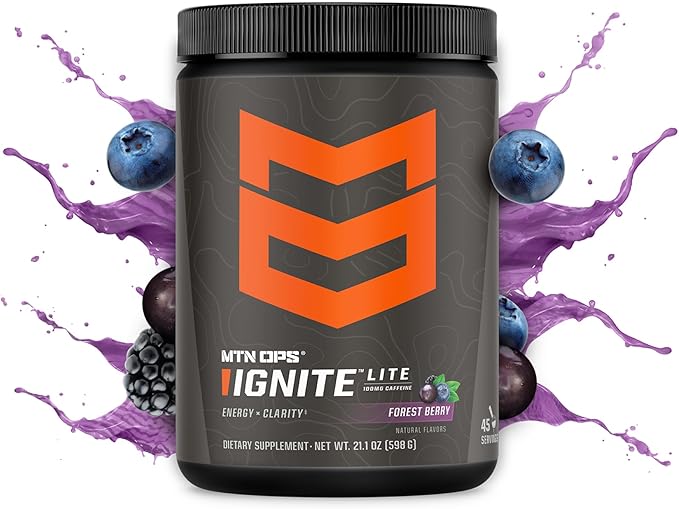 MTN OPS Ignite Lite Energy Drink Powder Gluten Free Nitric Oxide Supplement Drink Mix, L Arginine, L Citrulline, Caffeine & Nootropic Sugar Free Drink Mix, 45 Servings, Forest Berry