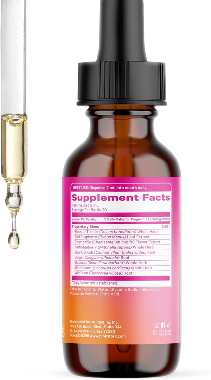 Pink Stork Labor Prep and Recovery Tincture with Red Raspberry Leaf - Natural Third Trimester & Postpartum Essentials, 9 Herbs for Gentle Birth, Uterine Support, & Hormone Balance - 2 oz