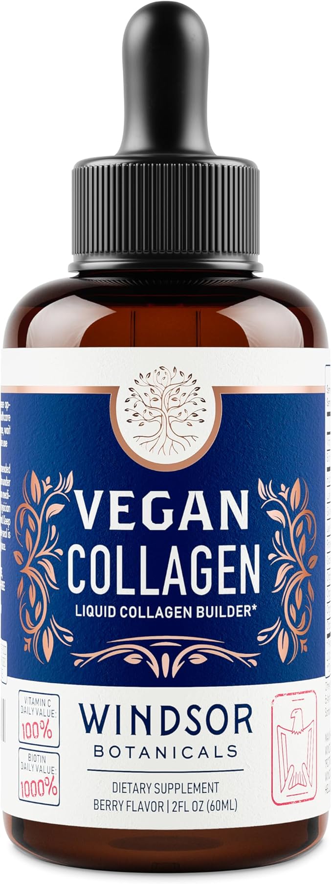 WINDSOR BOTANICALS Vegan Collagen Builder Liquid Supplement - Collagen Booster with Vitamin C, Biotin, Hyaluronic Acid & Amino Acids - Organic Fruit & Vegetable Blend - 120ml, 60 Day