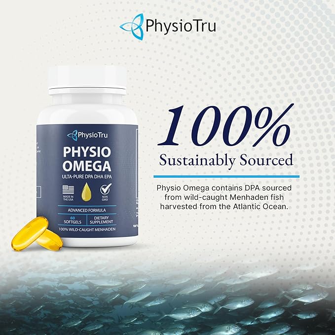 Physio Omega - Omega 3 Supplement - Sustainably Sourced - with DPA, EPA, and DHA - Burpless Fish Oil - 4 Pack