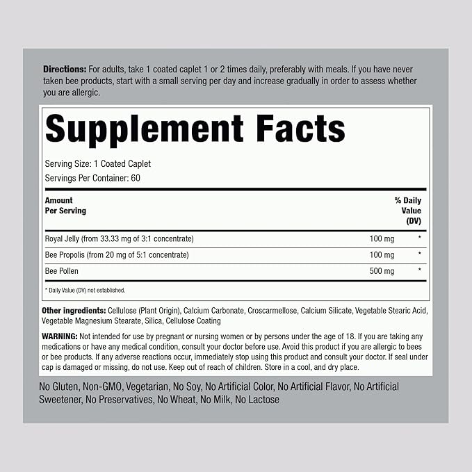 Piping Rock Royal Jelly Propolis Bee Pollen | 60 Caplets | Vegetarian, Non-GMO, Gluten Free Supplement