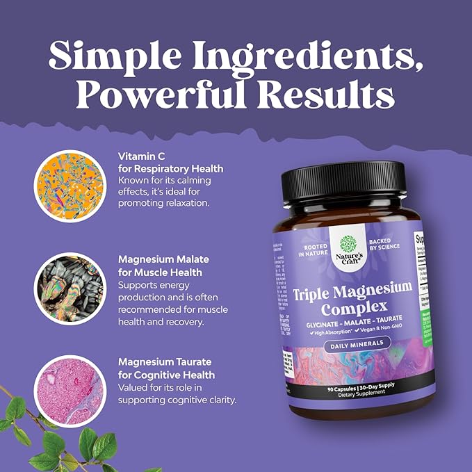 Triple Magnesium Complex Supplement Elemental - High Absorption Magnesium Taurate and Glycinate Plus Malate Blend for Sleep Muscle Bone Mood and More - Non GMO Vegan 90CT