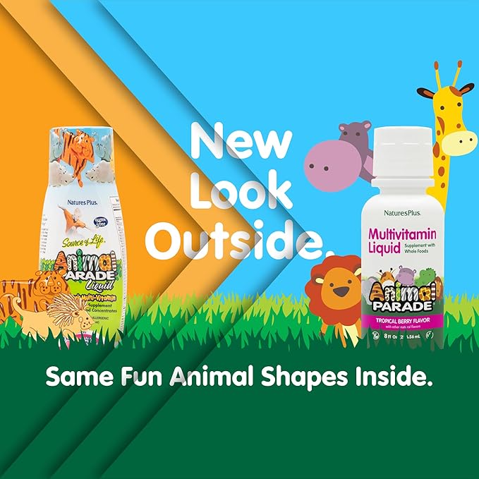 Natures Plus Animal Parade Children's Liquid Multivitamin - Tropical Berry Flavor - 8 fl oz - Whole Food Supplement - Vegetarian, Gluten Free - 16 Servings