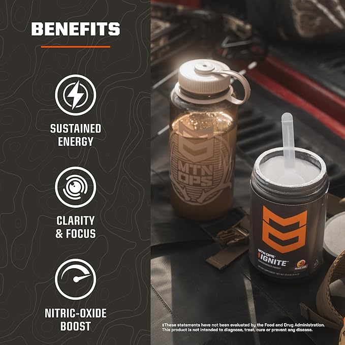 MTN OPS Ignite Energy Drink Powder, Gluten Free Nitric Oxide Supplement Drink Mix, L Arginine, L Citrulline, Caffeine & Nootropic Sugar Free Drink Mix, 45 Servings, Backcountry Blast
