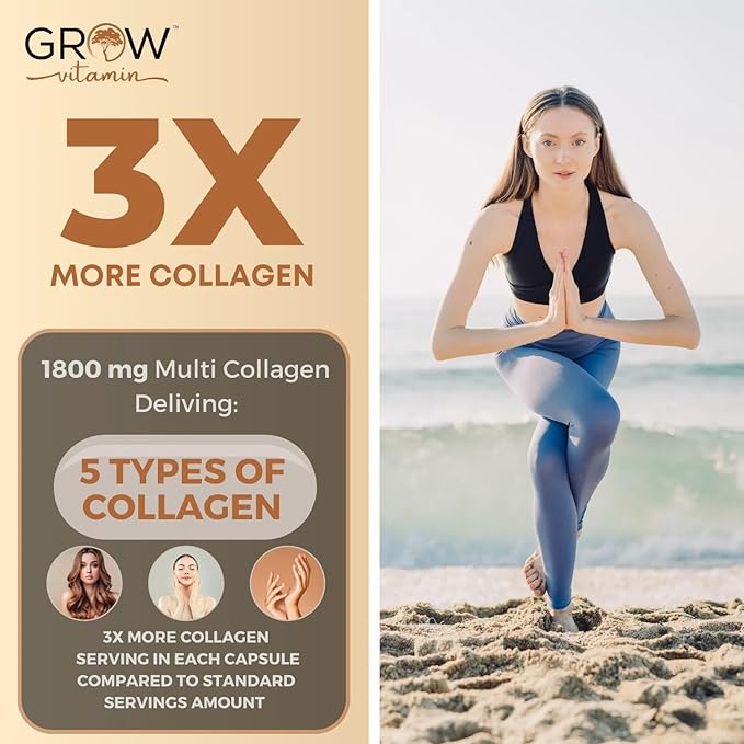grow vitamin Multi Collagen Capsules, 1800MG (Types I, II, III, V & X) - Non-GMO, Grass Fed Collagen - Anti Aging Support for Hair, Skin, Nails - Protein Pills for Joint Support - 90 Capsules