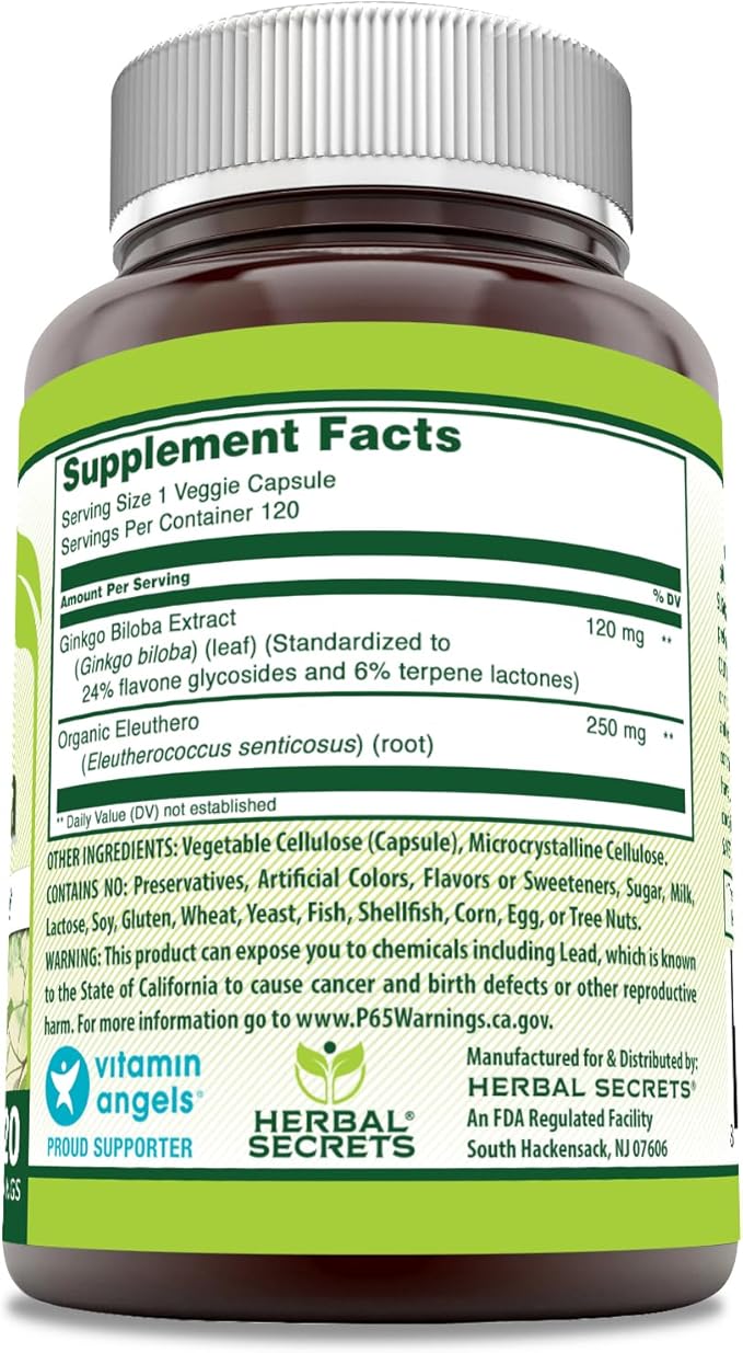 Herbal Secrets Ginkgo Biloba Double Strength Supplement | 120 Mg | 120 Veggie Capsules | Non-GMO | Gluten-Free | Made in USA