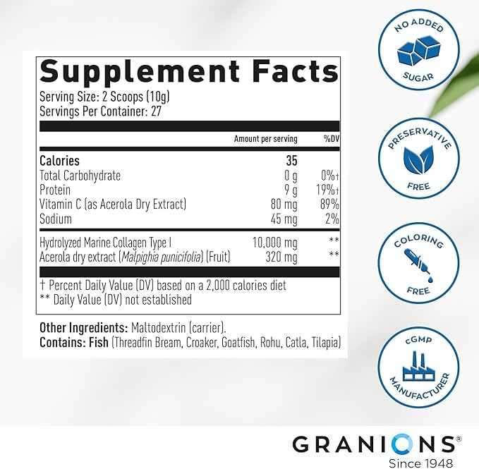 Marine Collagen Powder Supplement - 10g Type I Hydrolyzed Collagen Peptides with Natural Acerola Vitamin C Antioxidant- Pro-Aging Hair, Skin and Nails Vitamins for Women Supplements - 9.8oz