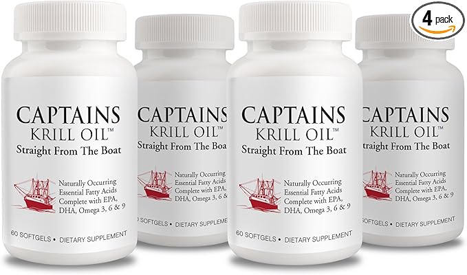 Captains Pure Antarctic Krill Oil Softgels | Omega 3 EPA, DHA with Astaxanthin & Phospholipids| No Additives or Chemicals | 1000mg per Serving, 60 Capsules, 4-Pack