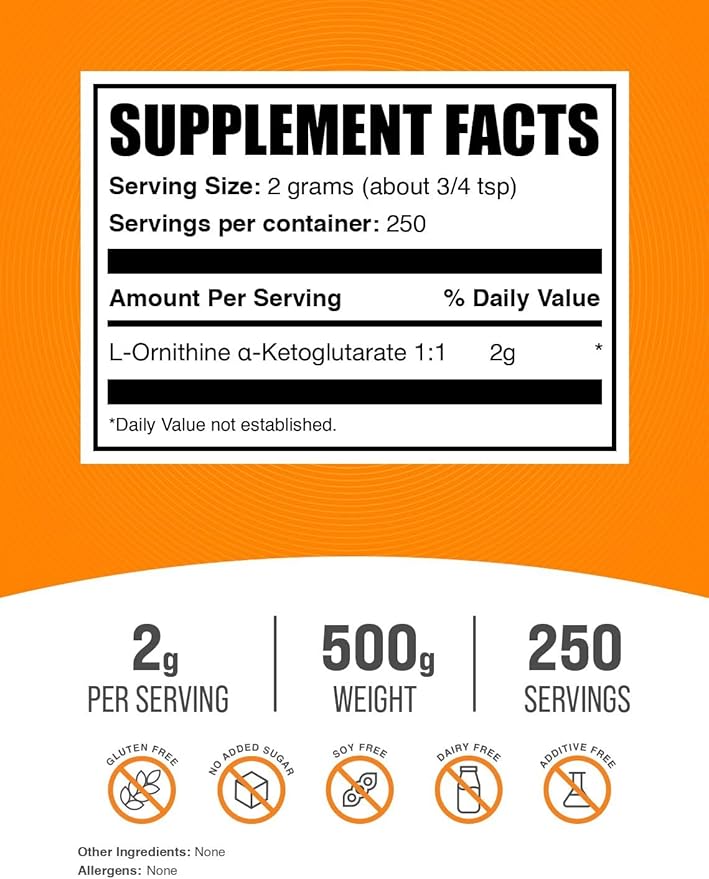 BulkSupplements.com L-Ornithine Alpha-Ketoglutarate Powder - OKG Supplement, Nitric Oxide Supplement, Ornithine Supplement - Gluten Free, 2000mg per Serving, 500g (1.1 lbs) (Pack of 1)