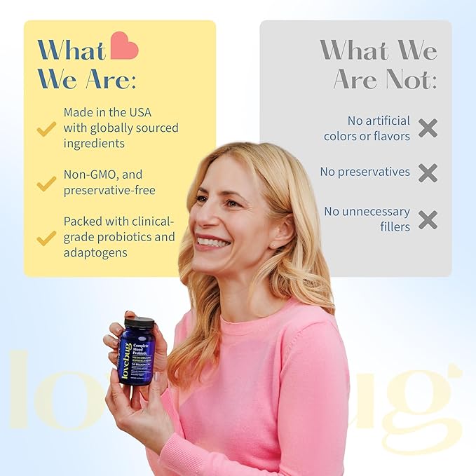 Lovebug Complete Mood Probiotic | Clinically Studied Probiotics & Patented Organic Ashwagandha for Cortisol & Serotonin Support | Supports Natural Energy | Adaptogenic Stress-Defense | 30 Count