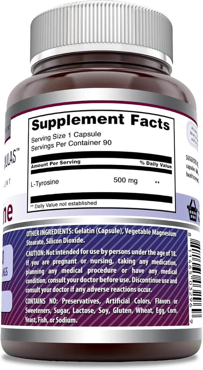Amazing Nutrition Formulas L-Tyrosine 500 Mg | 90 Capsules | Amino Acid Supplement | Non-GMO | Gluten Free | Made in USA