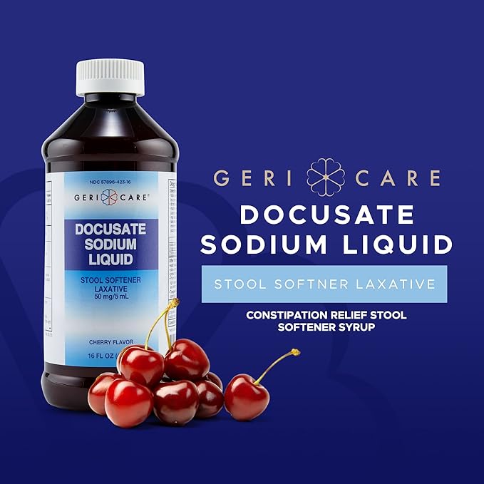 Docusate Sodium Liquid Stool Softener by GeriCare- Gentle Stimulant Laxative Liquid for Men & Women- Quick Constipation Relief Aid- Adults Daily Bowel Movement Laxative- Cherry-Flavored (16 fl oz)