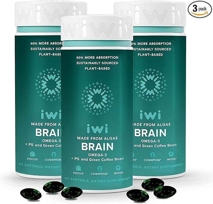 iwi life Brain Omega-3, 180 Softgels (90 Servings), Vegan Plant-Based Algae Omega-3 with EPA + DHA, Focus, Memory and Mood Support Dietary Supplement, Krill & Fish Oil Alternative, No Fishy Aftertaste