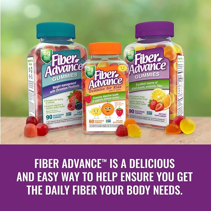 Fiber Advance Gummies | 100% Plant Based Fiber Supplement for Digestive Health | Chicory Root Inulin Prebiotic Gummies for Adults | Gluten Free, Vegetarian, & Non-GMO (Pack of 3)