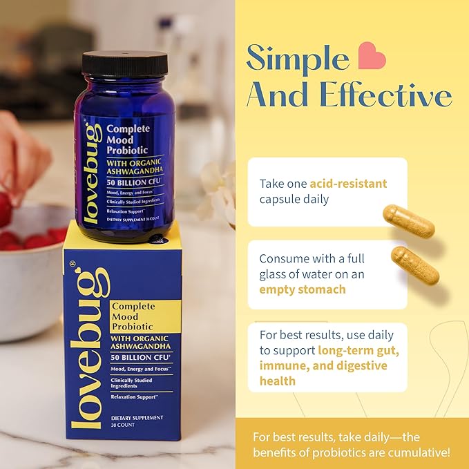 Lovebug Complete Mood Probiotic | Clinically Studied Probiotics & Patented Organic Ashwagandha for Cortisol & Serotonin Support | Supports Natural Energy | Adaptogenic Stress-Defense | 30 Count