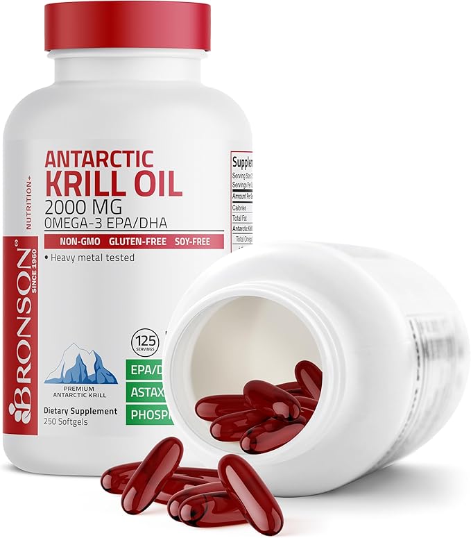 Bronson Antarctic Krill Oil 2000 mg with Omega-3s EPA, DHA, Astaxanthin and Phospholipids, 250 Softgels (125 Servings)