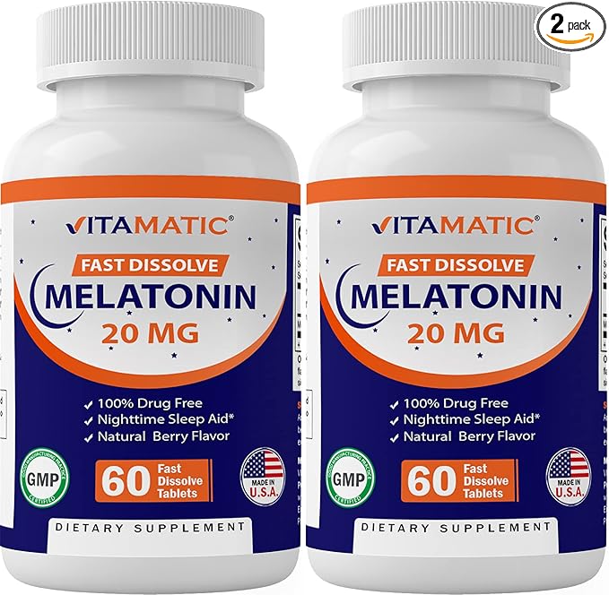 2-Pack High Potency Melatonin 20 mg – 60 Fast Dissolve Tablets Total Fast-Acting Sleep Support – Natural Berry Flavor | Vegetarian
