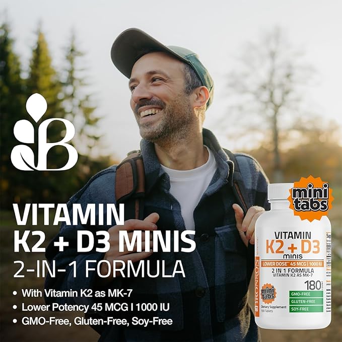 Bronson Vitamin K2 (MK7) with D3 Lower Dose 45mcg Vitamin K2 & 1000 IU Vitamin D3 Easy to Swallow Daily Maintenance 2 in 1 Formula Non-GMO, 180 Mini Tablets