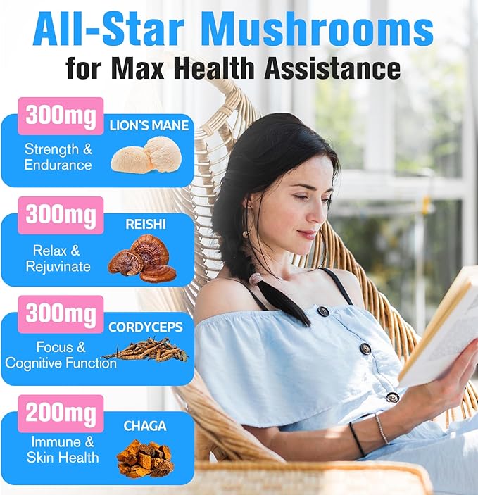 Mushroom Supplement 2600mg, 20-in-1 Mushroom Complex, with Lions Mane, Cordyceps, Reishi, Turkey Tail, Chaga - Brain Supplements for Memory and Focus, Memory Supplements, Mood, Immunity, 120 Capsule