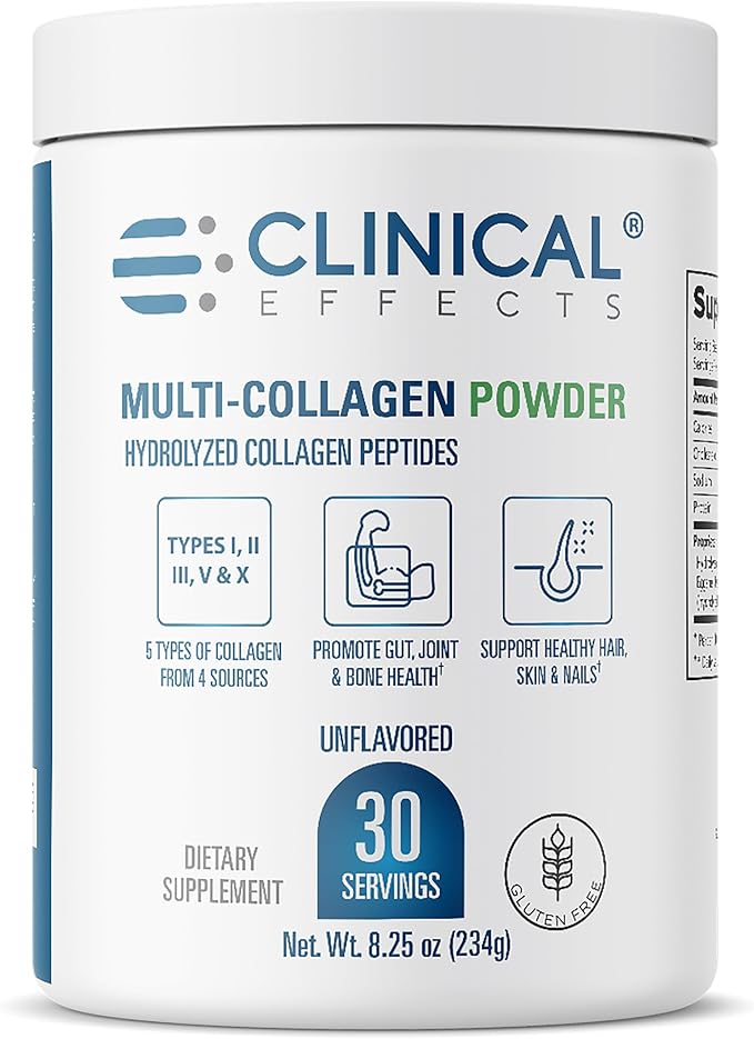 Clinical Effects Multi-Collagen Powder - Collagen Dietary Supplement - 8oz - 30 Servings - 5 Types of Quality-Sourced Multi-Collagen to Support Joint, Bone, Skin and Nail Health - Fast Absorption
