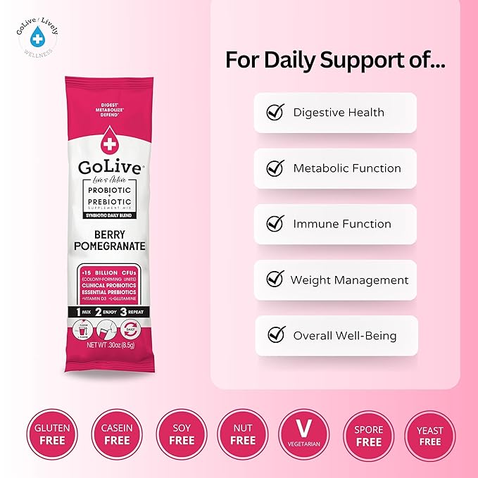 GoLive Prebiotic and Probiotic for Women, Men, Kids. Berry Pomegranate Synbiotic Powder w/ L-Glutamine, Vitamin D3, Electrolytes. For Gut Health, Digestion, Metabolism, Immunity 15-50B CFUs.
