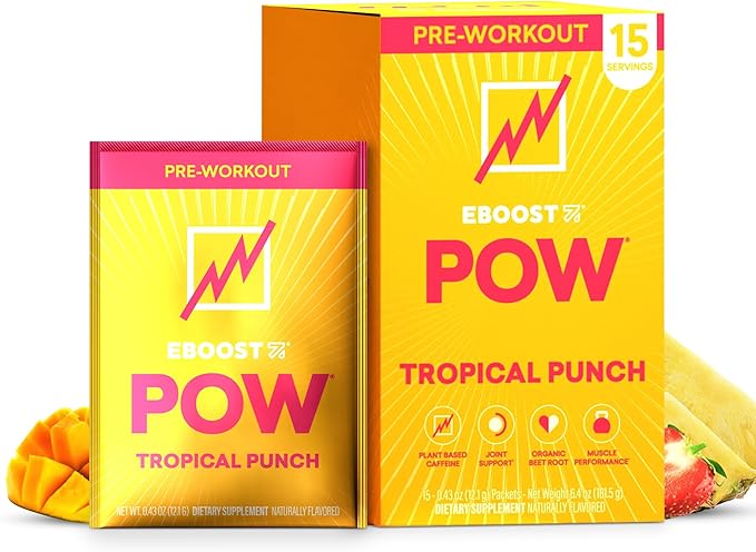 EBOOST POW Natural Pre Workout Powder - 15 Packets, Tropical Punch - Preworkout Energy Booster Gym Supplement Drink Mix for Men and Women - Performance, Joint Mobility Support - Gluten-Free