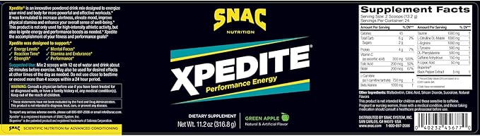 SNAC XPEDITE - Preworkout Performance Drink Supplement, Promotes Energy and Focus, Nitric Oxide Booster & Thermogenic, L-Carnitine, Beta Alanine, Green Apple Powder, (24 Servings)