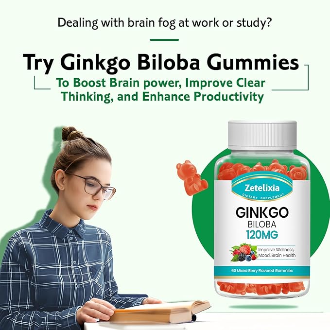 2 Pack Ginkgo Biloba Gummies for Women and Men, Brain Supplement Improve Better Mood and Focus, Vegan Mixed Berry Flavor 120 Count