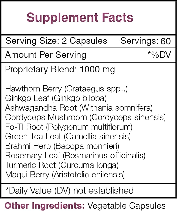 Youth Secret 120 Capsules, 1000 mg, Hawthorn, Ginkgo, Ashwagandha, Cordyceps, Fo-Ti Root, Green Tea, Brahmi, Rosemary, Turmeric, Maqui Berry. Overall Health/Wellness (120 Capsules)