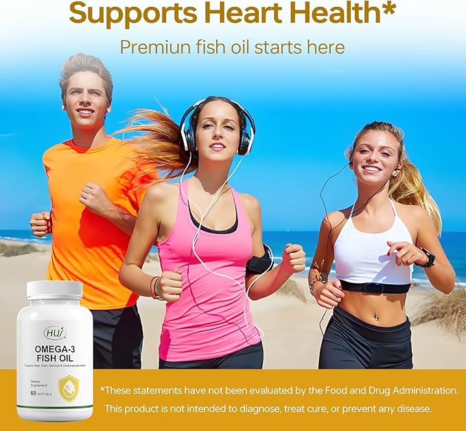 HUJ Omega 3 Fish Oil 1000mg Softgels - EPA+DPA, Fish Oil Omega 3 for Heart, Brain, Skin, Eyes & Cardiovascular Support *- 60 Softgels
