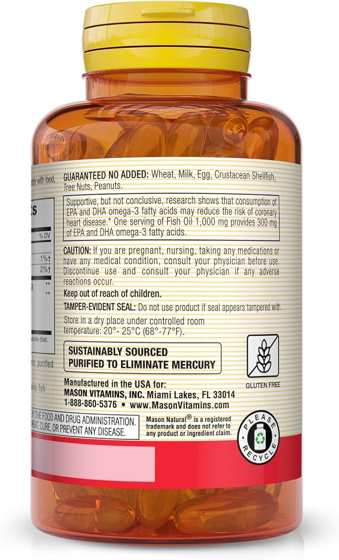 MASON NATURAL Omega-3 Fish Oil, 180-Day Supply, 1000mg with EPA and DHA for Joint Support, 60 Softgel Pills (Pack of 3)