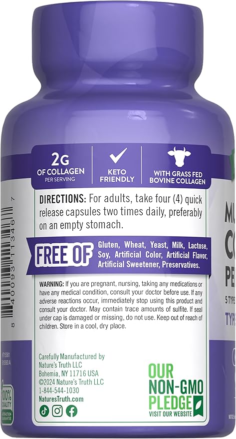 Nature's Truth Multi Collagen Peptides Capsules | Types I, II, III, V, X | 2000 mg | 90 Count | Keto Friendly | Non-GMO and Gluten Free Supplement