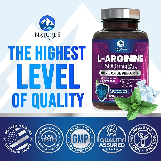 L-Arginine 1000mg Supplement Supports Heart Health - Premium Muscle Supporting Nitric Booster for Strength & Energy to Train Harder - Nature's Non-GMO, Gluten-Free Amino Acid Blend - 120 Capsules
