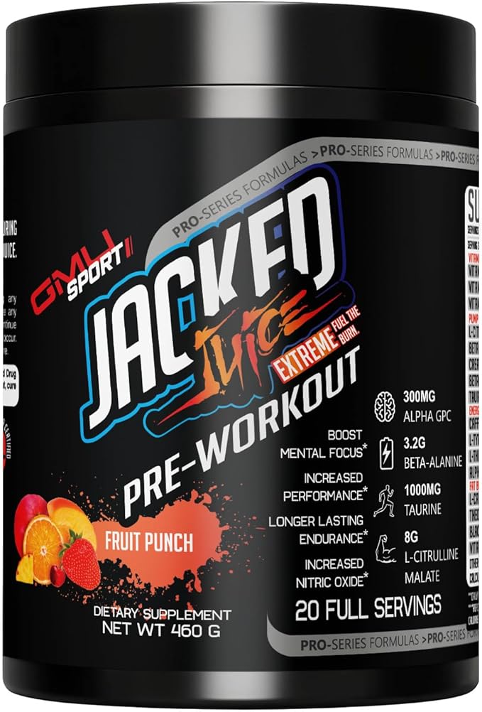 GMU SPORT Jacked Juice Pre Workout | Explosive Energy, Focus & Muscle Pumps | 8g Citrulline Malate, 3g Creatine, Beta Alanine, Alpha-GPC | 250mg Caffeine | 40 Servings Fruit Punch
