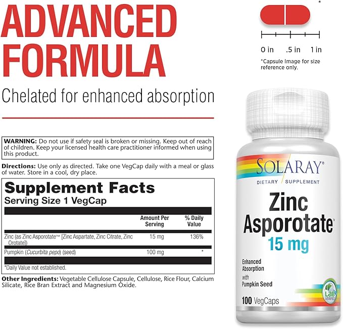 Solaray Zinc Asporotate 15mg Chelated Complex | Immune & Endocrine Support, Cell & Skin Health Formula, 100 VegCaps