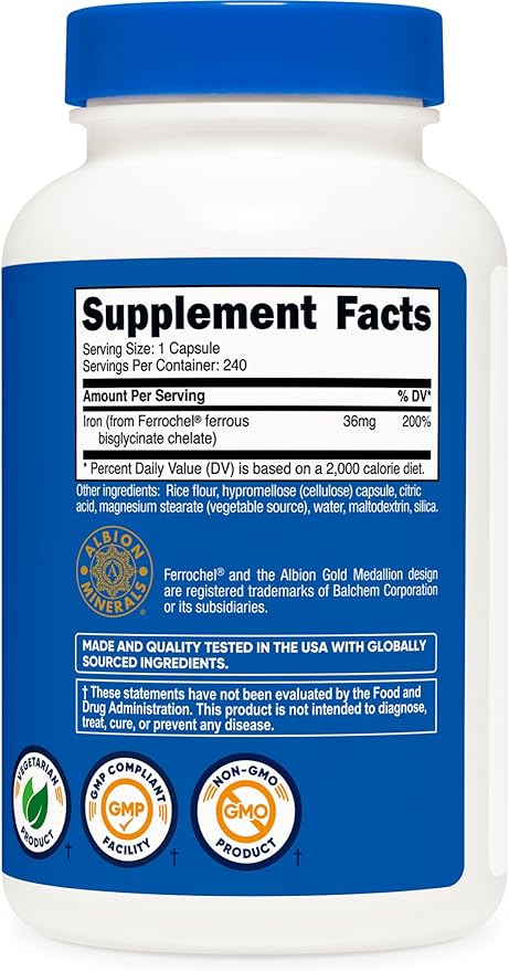 Nutricost Chelated Iron, As Ferrochel, 36mg, 240 Capsules