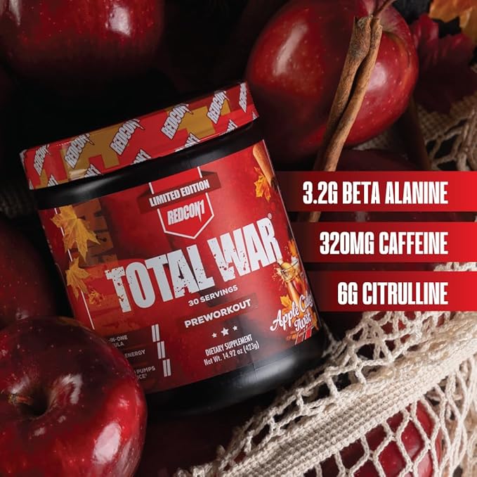 REDCON1 Total War Pre Workout Powder, Apple Cider - Beta Alanine + Citrulline Malate Keto Friendly Preworkout for Men & Women with 320mg of Caffeine - Fast Acting (30 Servings)