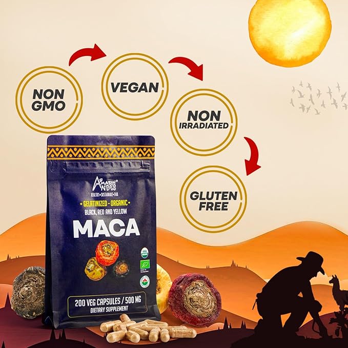 Premium Black, Red & Yellow Maca Capsules l 3000mg Serving for Increased Energy Levels & Physical Performance l Powerful Antioxidant & Immune System Booster l 100% Natural and Organic l Amazon Andes