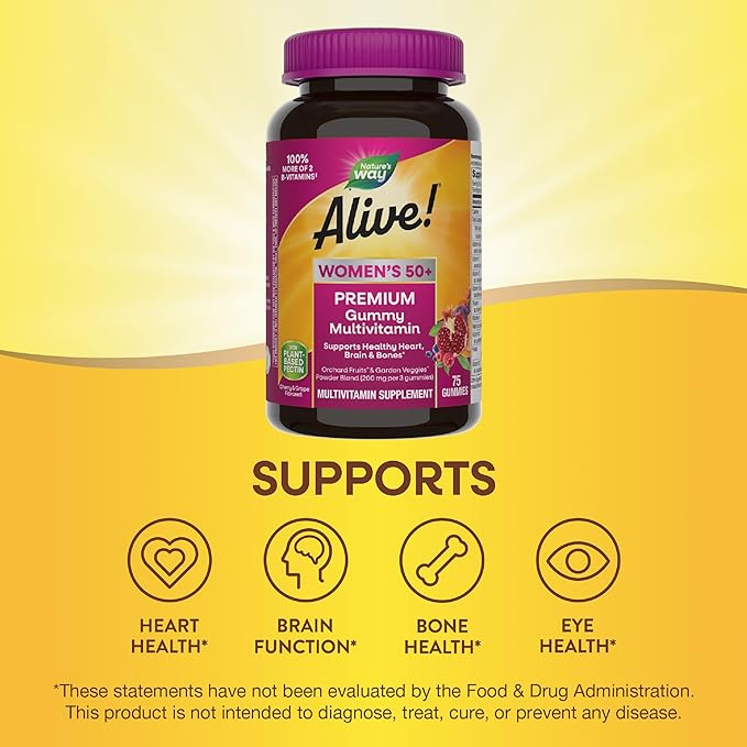 Nature’s Way Alive! Women’s 50+ Premium Gummy Multivitamin, Supports Healthy Heart, Brain & Bones*, B-Vitamins, Gluten-Free, Vegetarian, Grape and Cherry Flavored, 75 Gummies (Packaging May Vary)