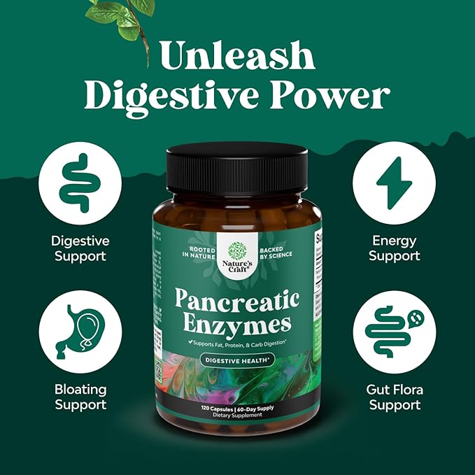 Natures Craft Pancreatin Digestive Enzymes for Digestive Health - Pancreatic Enzymes for Humans with Fat Carb and Protein Women and Men - Protease Amylase & Lipase Digestion -120ct