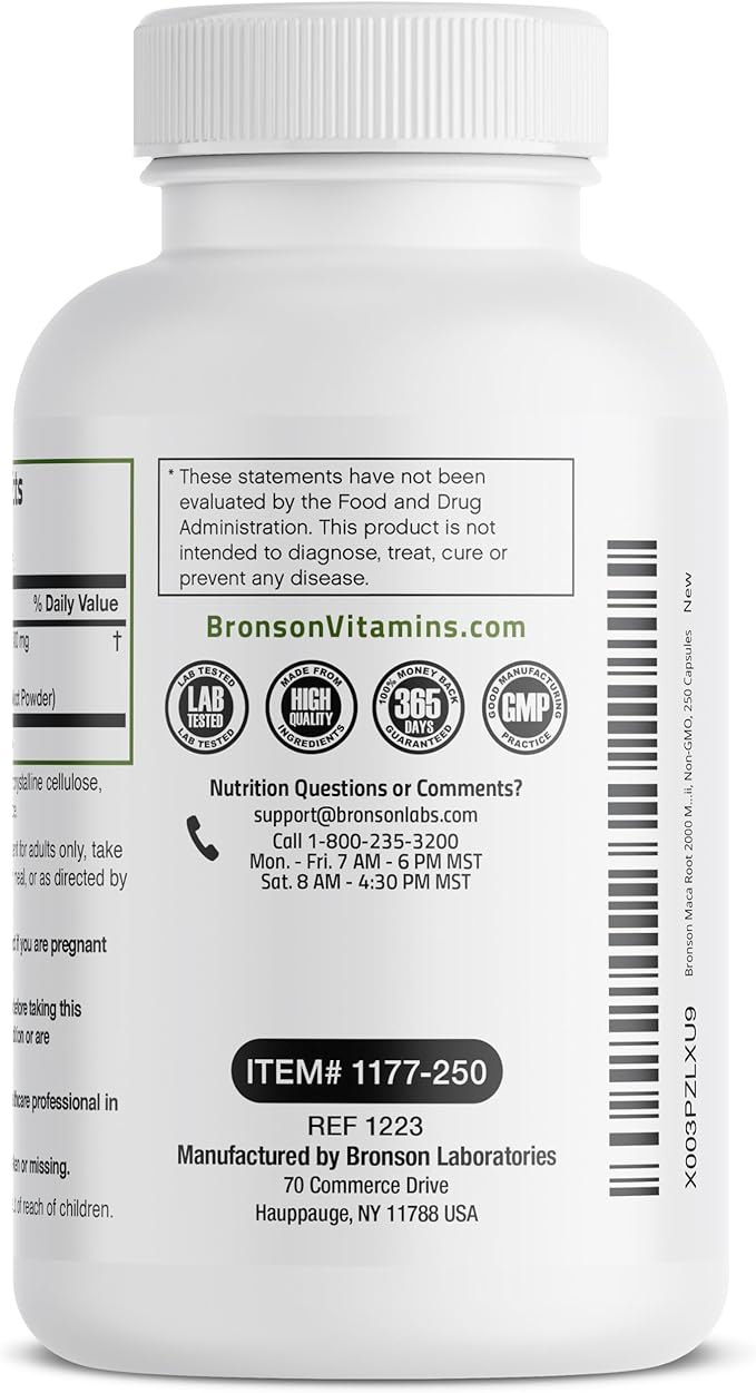 Bronson Maca Root Lepidium Meyenii Non-GMO, 250 Vegetarian Capsules