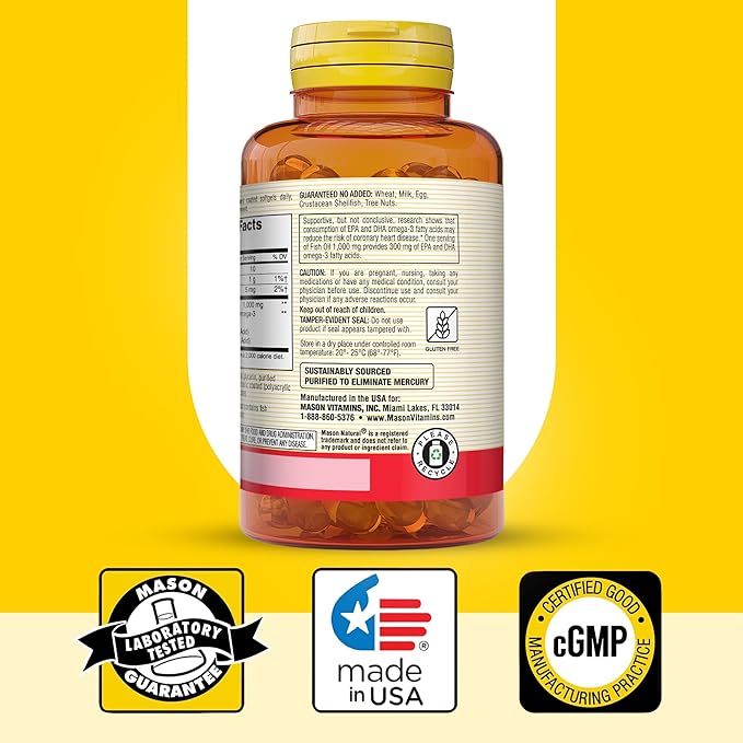 Mason Natural Omega,3 Fish Oil, 45,Day Supply, 1000mg with EPA and DHA for Joint Support, 90 Softgels (Pack of 3)