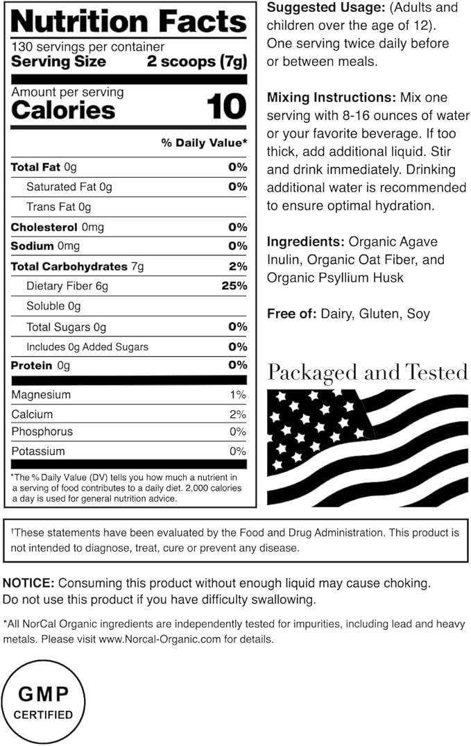 Norcal Organic Fiber - 2lbs | Prebiotics & Psyllium Husk Blend | Gluten-Free, Non-GMO, Soluble & Insoluble Fiber Supplement