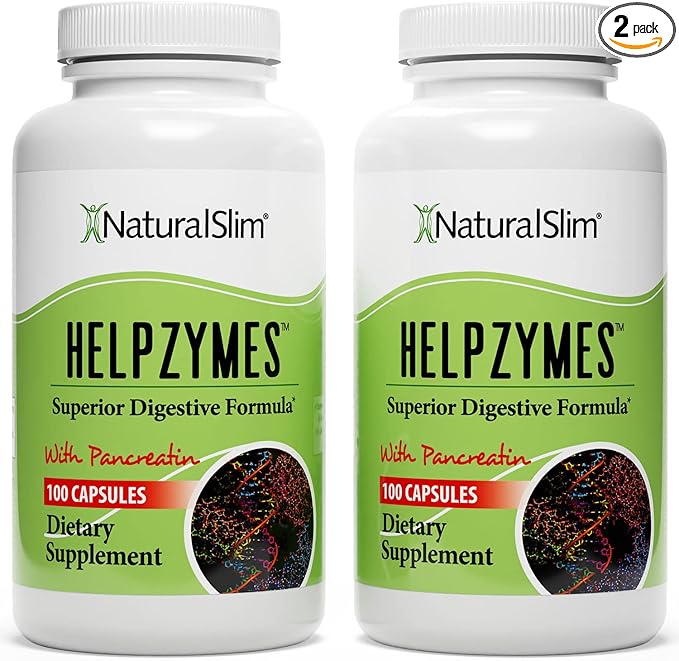 NaturalSlim Digestive Enzymes for Women & Men - Helpzymes Essential Enzymes for Digestion, Gut Health, Gas Bloating Relief with Bromelain, Ox Bile, Pancreatin. & Betaine HCL - 100 Capsules 2 Pack