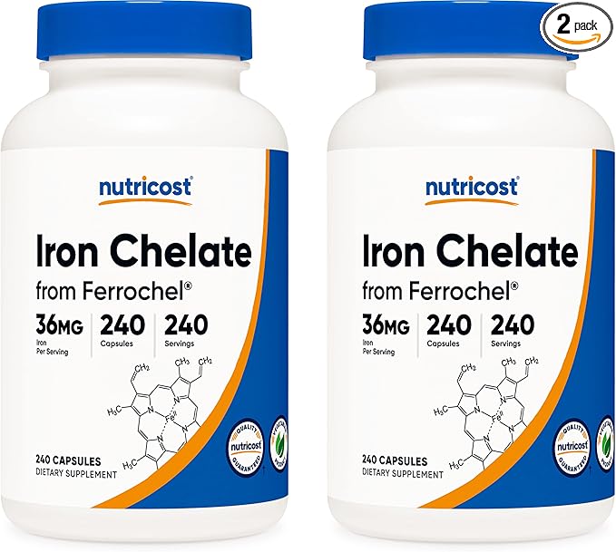 Nutricost Chelated Iron, As Ferrochel, 36mg, 240 Capsules (2 Bottles)