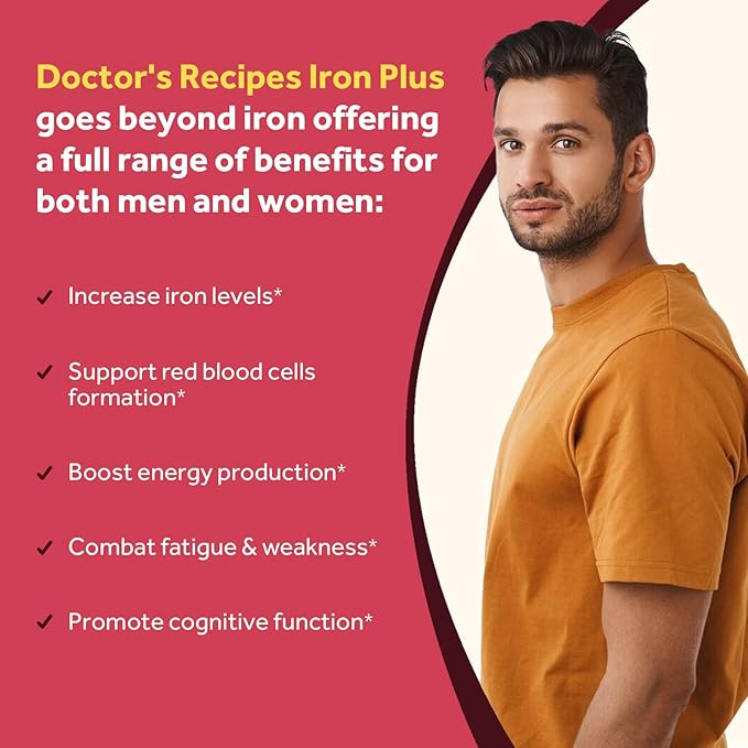 Doctor's Recipes Iron Supplement for Women Men - Gentle Iron Bisglycinate with Vitamin C, B6, Folate & B12 - Non-Constipating & Stomach Friendly Iron Pills for Blood & Energy Support, 90 Vegan Caps