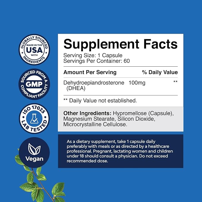 DHEA Supplement for Women & Men - Pure DHEA 100mg for Hormone Balance, Improves Mood Stability, Brain Function, Immune System, Energy & Fertility - Dehydroepiandrosterone Capsules for Adults - 60 Ct