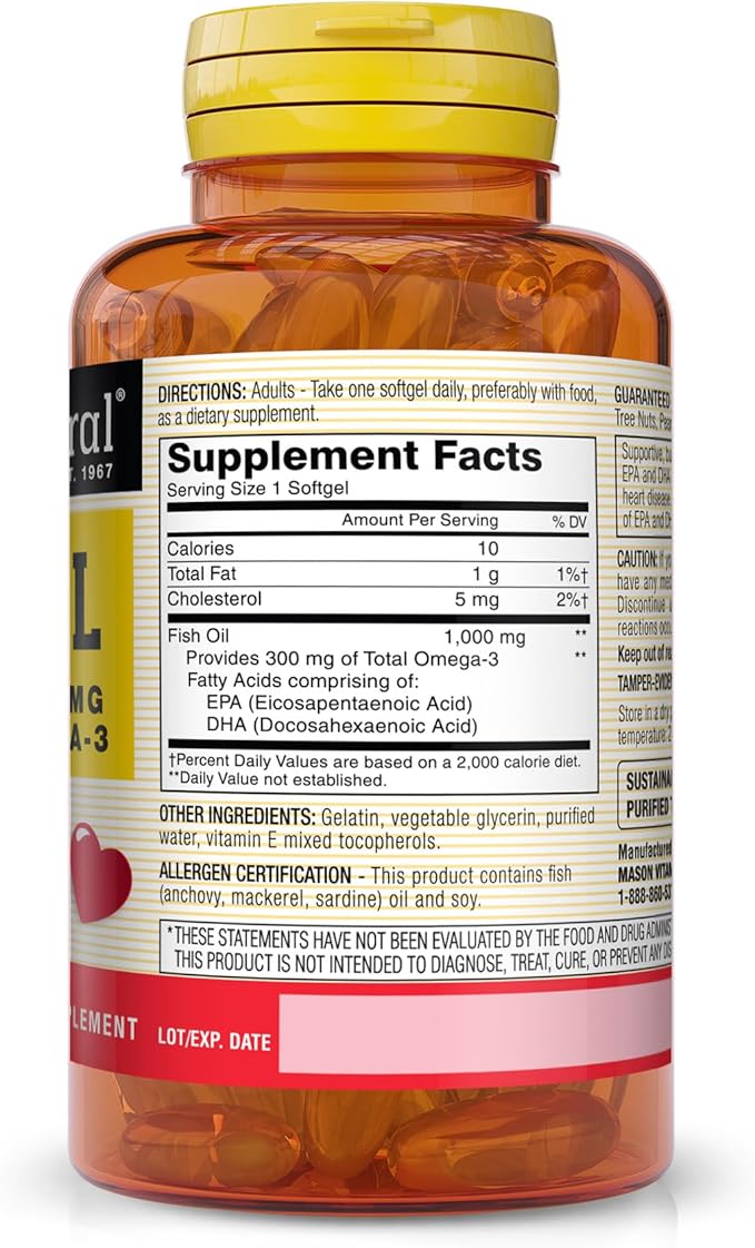 MASON NATURAL Omega-3 Fish Oil, 180-Day Supply, 1000mg with EPA and DHA for Joint Support, 60 Softgel Pills (Pack of 3)