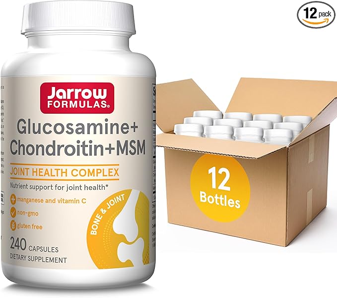 Jarrow Formulas Glucosamine + Chondroitin + MSM Capsules, Joint Support Supplement with Vitamin C and Manganese, 240 Capsules, 60 Day Supply, Pack of 12